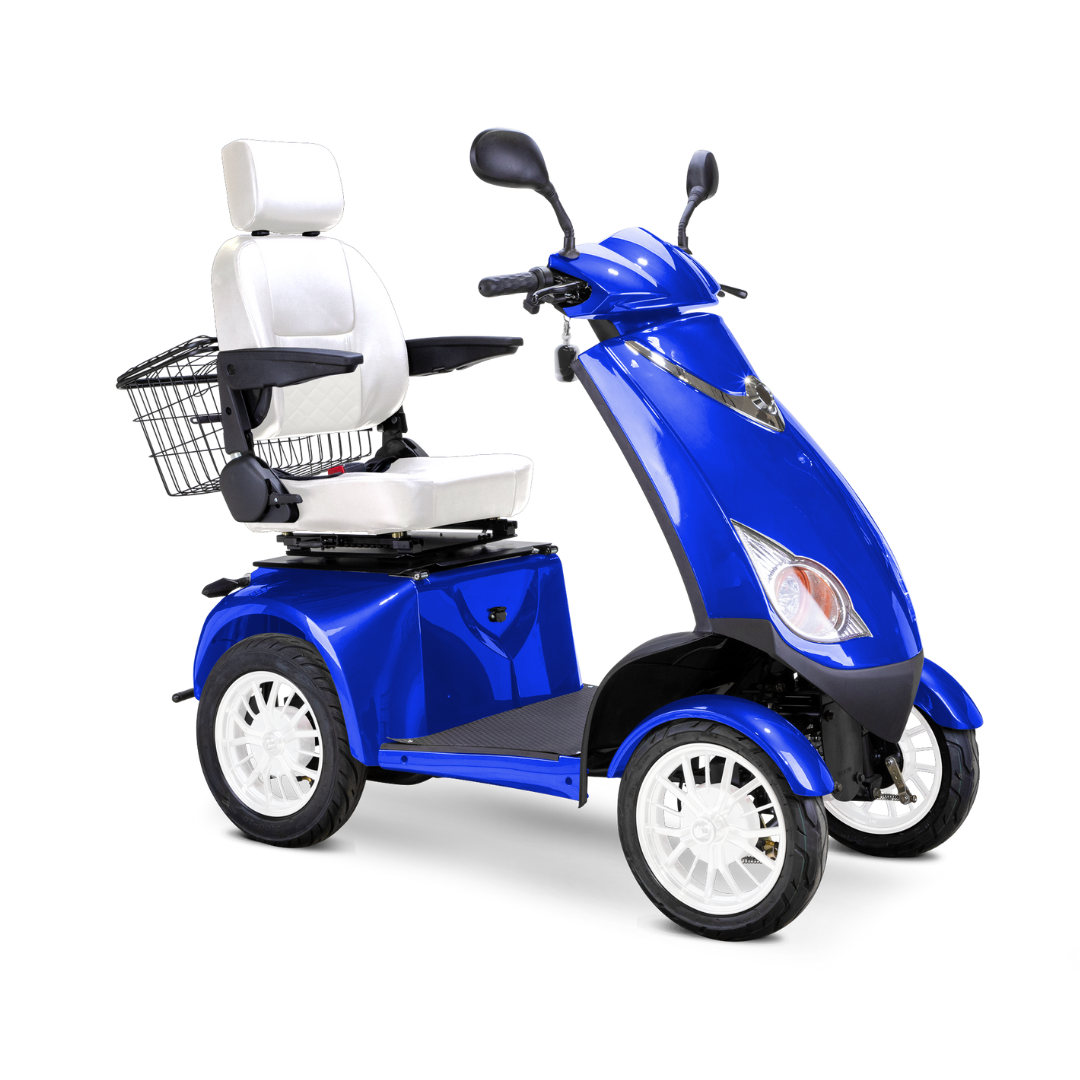 The Bespoke Platinum Recreational 4-Wheel Scooter with Electric Brake Assist is shown in blue, featuring a white cushioned seat, armrests, headrest, rear wire basket, and a high-performance motor, viewed from the front right side.